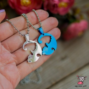 Кулон парный для двоих "Изящные коты Blue Silver". Цена за 1 пару. Сталь. На цепочке